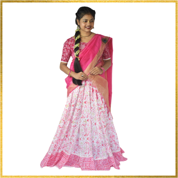 Isckon Mayapur Cotton Gopi Dress Grownn Round 8 Meter Free Size With Blouse Piece ( Top Grownn & Pink Colour Gopi Dress